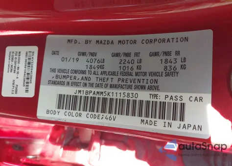 2019 Mazda 3 Preferred из США, поврежденный, VIN JM1BPAMM5K1115830